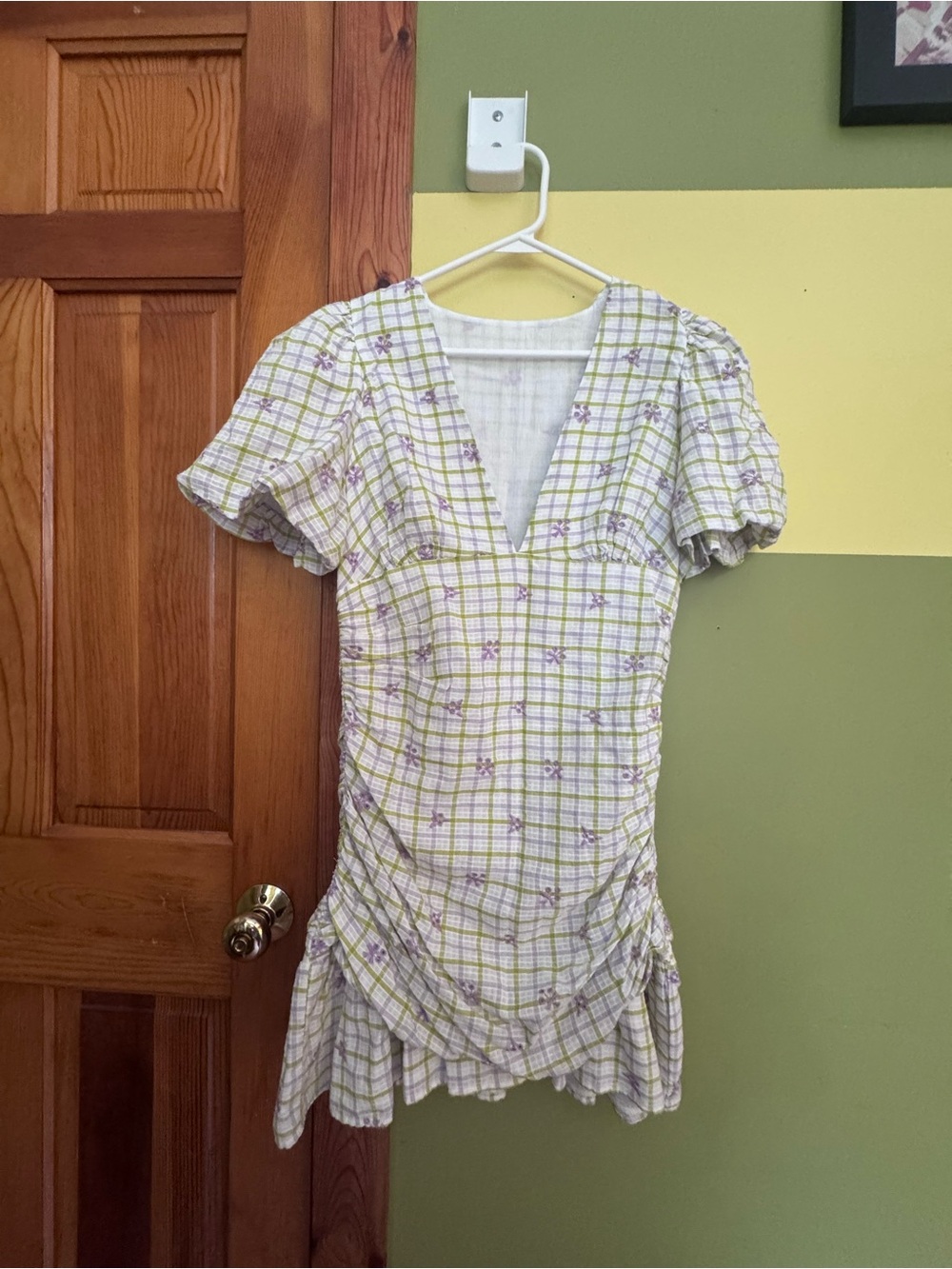 Plaid V-Neck Mini Dress in White, Green & Lavender